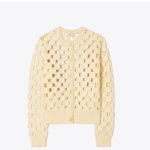 Tory Burch Wool Blend Cream Cardigan Sweater with Cable Knit Design